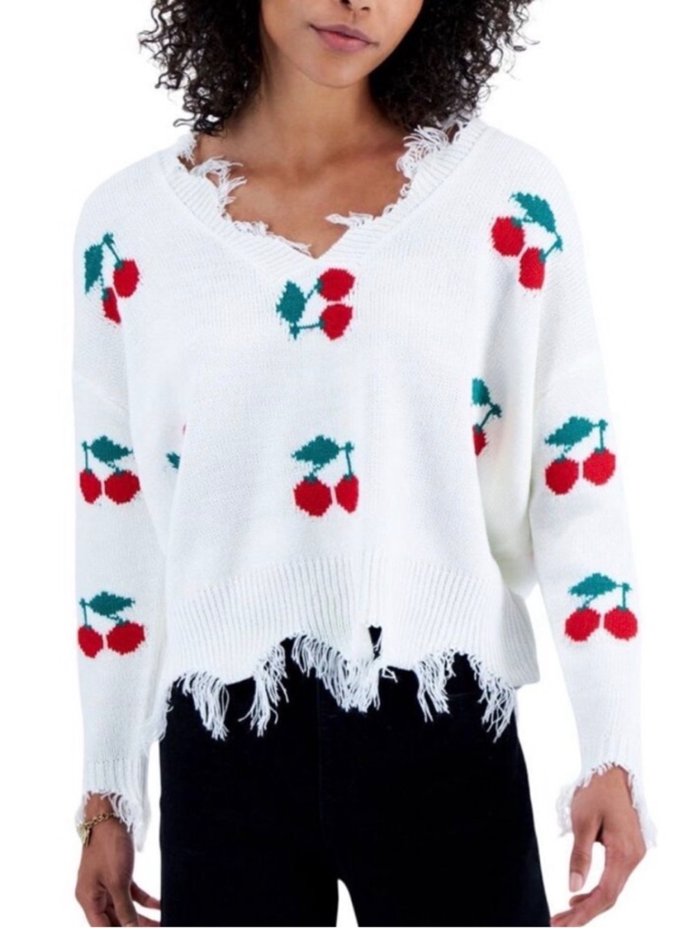 Just Polly Frayed V-Neck Cherry Pullover Sweater - Size Large